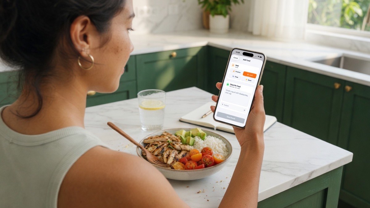 Person logging a meal in TellMeal calorie counting app on their phone next to a healthy bowl