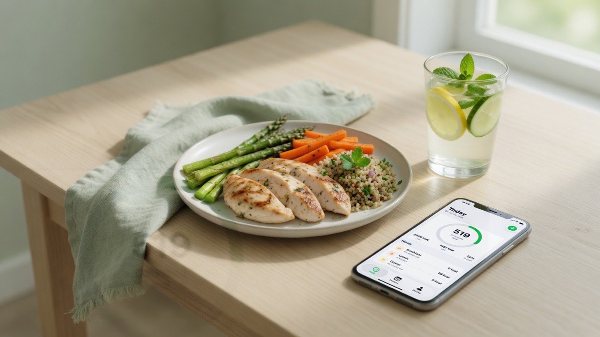 Healthy meal with phone showing TellMeal daily calorie progress ring