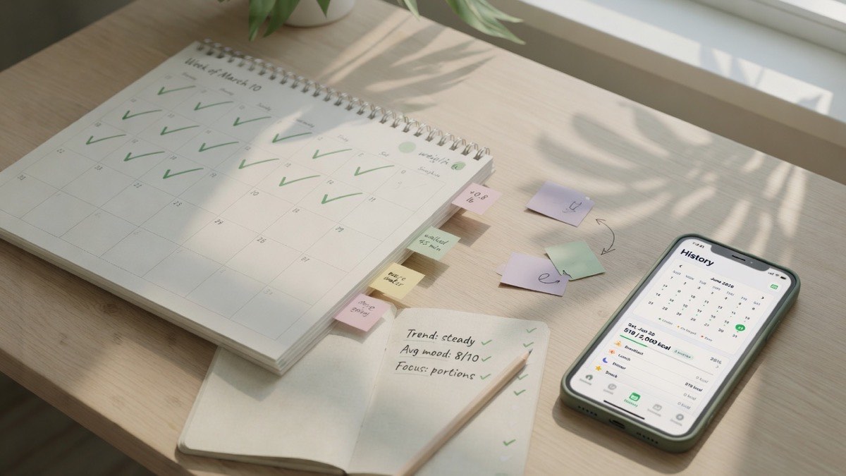 Desk with habit calendar and phone showing TellMeal weekly calorie history