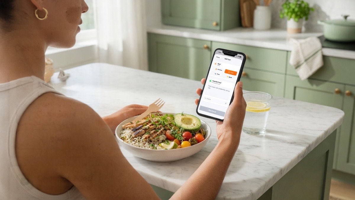 Person logging a meal in the TellMeal calorie tracker on their phone next to a healthy bowl