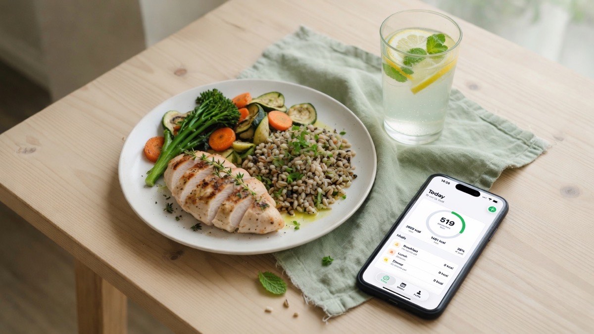 Healthy meal with phone showing TellMeal calorie tracker daily progress ring
