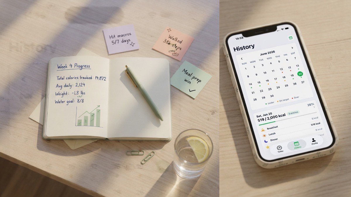 Notebook notes beside phone showing TellMeal calorie tracker weekly history calendar