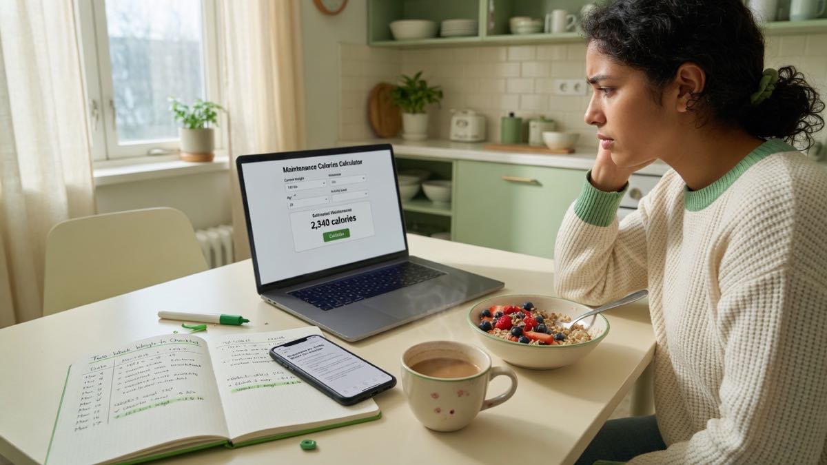 Person deciding how to find maintenance calories with calculator laptop and two-week checklist