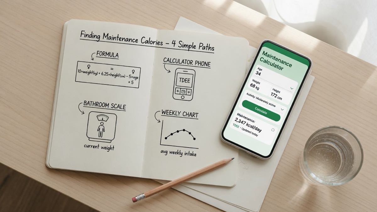 Notebook showing four paths to find maintenance calories next to a phone calculator