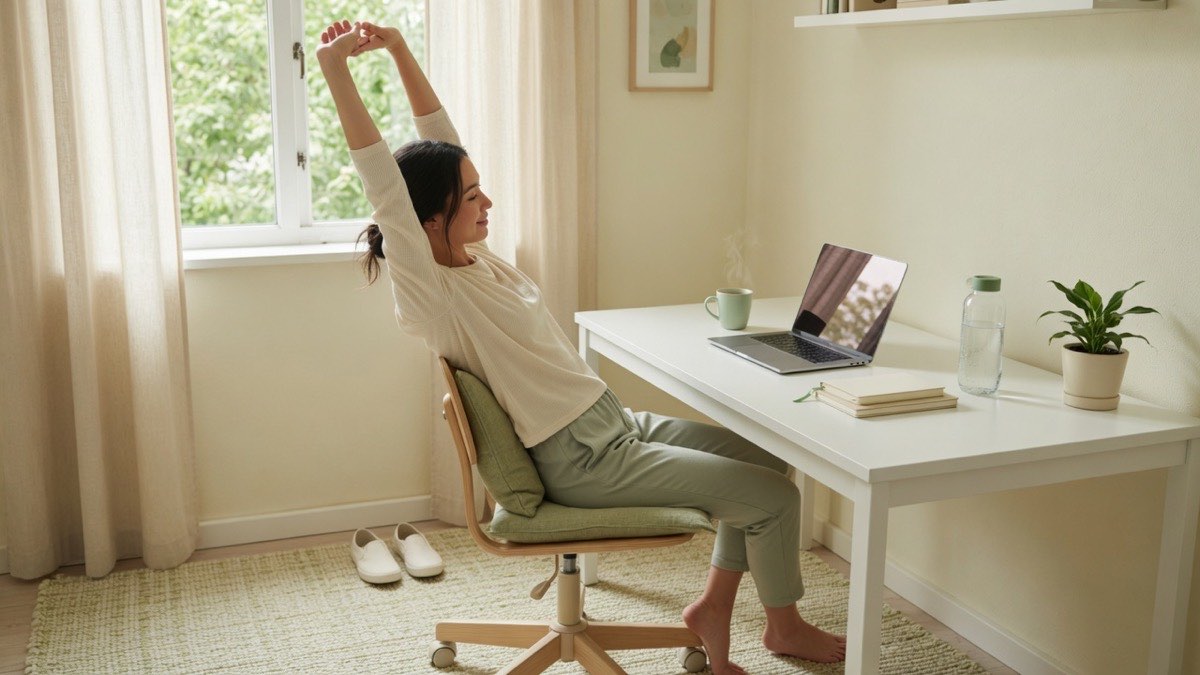 Person stretching at a home office desk — most people overestimate activity for maintenance kcal