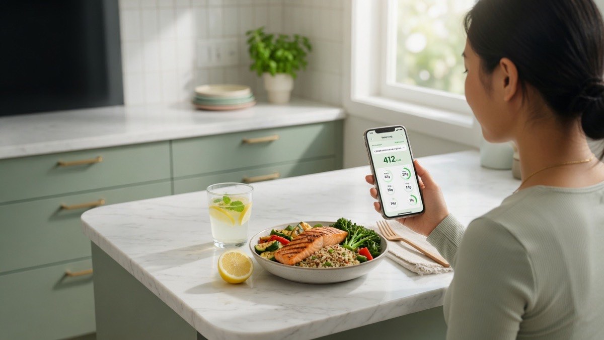 Woman logging a healthy meal for weight control with accurate calorie and macro data on her phone