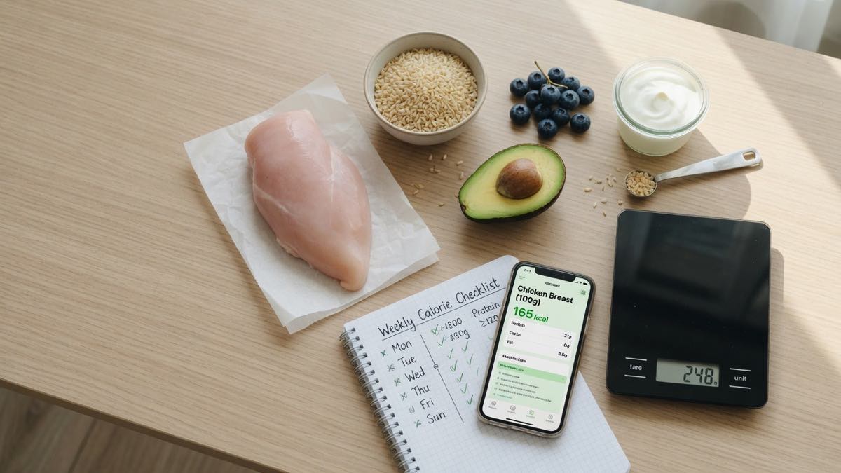 Whole foods kitchen scale and phone showing USDA-style nutrition data for weight control
